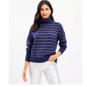 LOFT Women’s Shimmer Stripe Turtleneck Sweater - Petite Medium - Blue